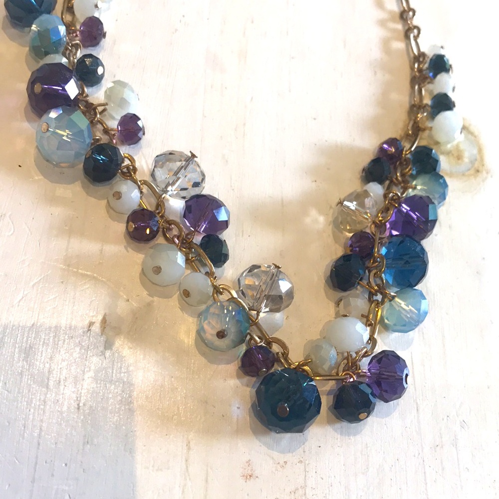 Vintage Joe Fresh Beaded Statement Necklace Purple Blue White Gold Tone